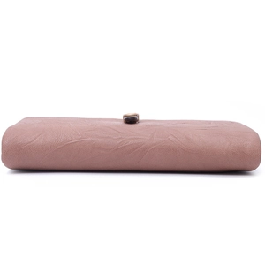 Close-up of pink long wallet featuring lychee texture and premium metal buckle closure