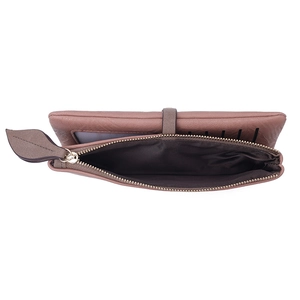 Detail view of long PU leather wallet featuring leaf metal zipper and multi-card slots