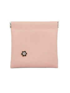 Detailed view of pink PU leather pouch featuring a rhinestone flower and spring closure
