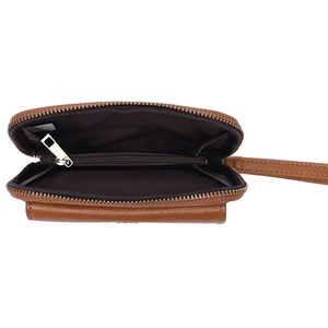 Brown PU leather travel passport wallet with multiple inner compartments and wrist strap