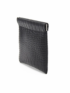 Black crocodile embossed leather mini pouch with self-closing metal spring frame