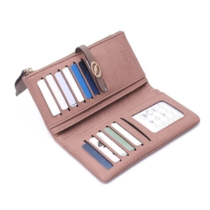 Pale pink long PU leather wallet for women with leaf buckle and 10 card slots