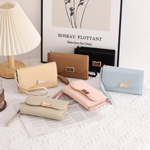 Three-fold PU leather women's wallets with bow wrist strap in six Morandi pastel colors
