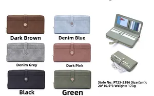 Detailed view of large capacity multi-color wallets with various card slots and zip pocket
