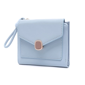 Short light blue envelope wallet with rose gold metal buckle and wrist strap