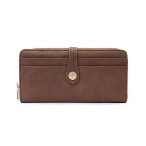 Macro view of coffee brown long wallet with litchi texture and wrap-around zipper