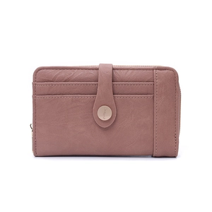 Detail of dusty pink PU leather wallet showing multi-card slots and secure snap closure