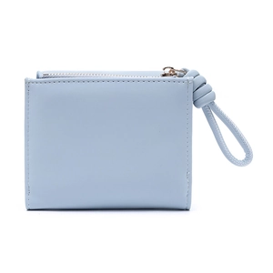 Light blue minimalist PU leather small wallet with gold zipper and knotted wrist strap