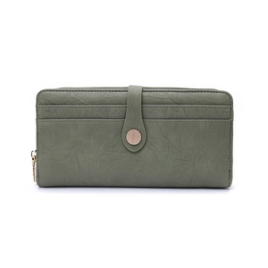 Detail of olive green long wallet showing card slots and golden zipper closure