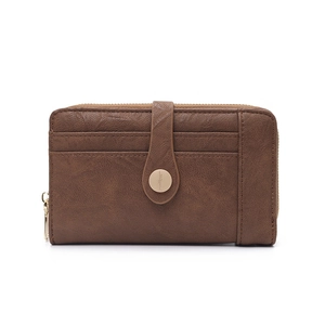 Detail view of the vintage brown PU leather texture and gold buckle on the wallet