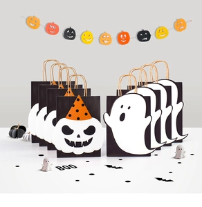 Detail of Halloween ghost gift bags with durable woven handles and spooky patterns