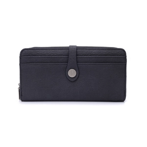 Close-up of vintage dark gray women's wallet showing textile texture and metal snap buckle