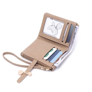 Deep beige bifold wallet for women with zipper pocket, card slots and wrist strap