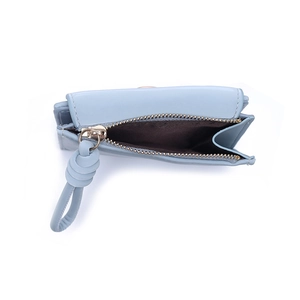 Detail of light blue leather wallet showing zipper closure and inner compartment space