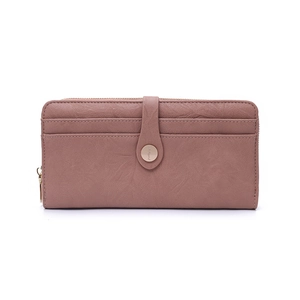 Detail view of dusty rose pebbled leather long wallet with multi-card slots and gold snap