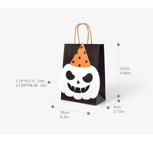Detailed dimensions of Halloween black gift bag with cartoon pumpkin and orange hat