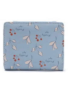 Short PU leather wallet with cherry flower print in light blue for women and students