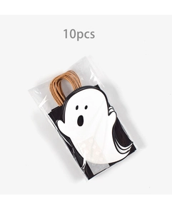 Detail of 10-pack Halloween black gift bags with white ghost prints and paper handles