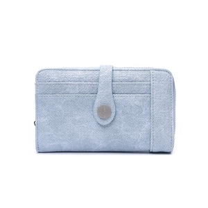 Close-up of light blue long wallet with zipper and snap closure showing textured finish