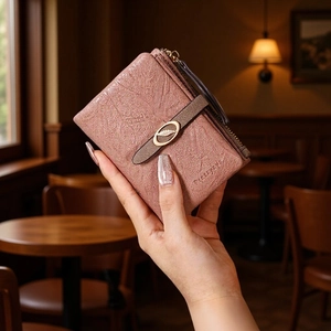Damen Kleine Geldbörse PU Leder Bifold Kartenhalter Reißverschluss Münzfach Blatt Metallschnalle Retro Elegant Portemonnaie