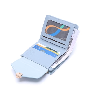 Light blue faux leather trifold wallet for women with multiple card slots and ID window