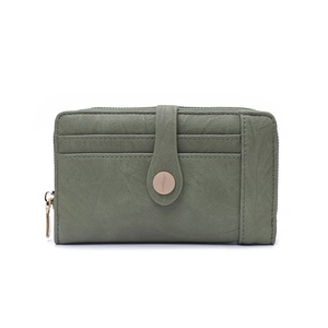 Close-up of dark green PU leather wallet featuring lychee texture and golden metal snap button