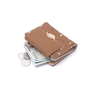 Brown floral PU leather short wallet featuring banknote slots and a side coin pocket