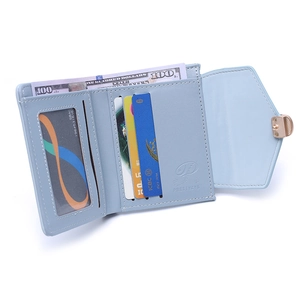 Inside view of a light blue tri-fold wallet showing multiple card slots and bill compartment