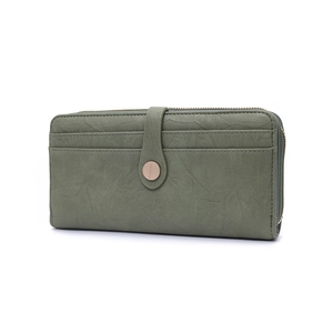 Olive green long zip-around wallet for women with pebble texture and snap button strap