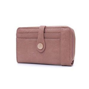 Detail view of dusty pink PU leather wallet with snap button closure and side zipper