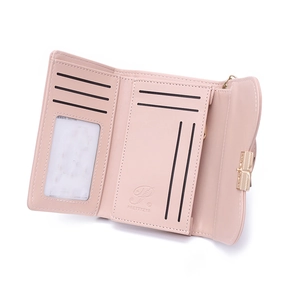 Pink PU leather tri-fold wallet for women featuring metal bow and multi-card slots