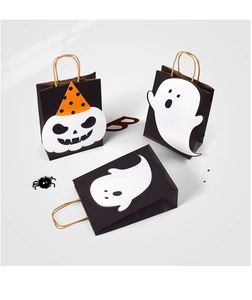 Detail of Halloween cartoon ghost gift bags with pumpkin designs and paper handles
