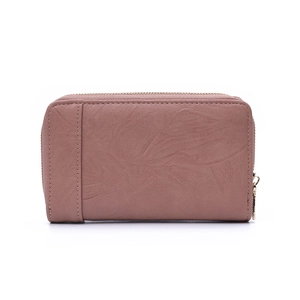 Detailed close-up of pink PU leather wallet with unique leaf vein texture and gold zipper