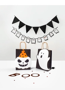 Halloween gift bags with white ghost and pumpkin designs and kraft handles