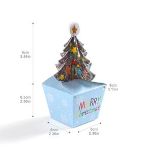 Detail of blue Christmas gift box with snowflake prints and 3D tree top with size chart