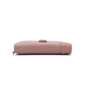 Side view of pink PU leather wallet showing high-quality stitching and metal zipper