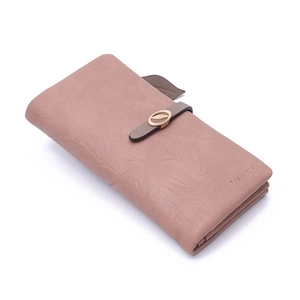 Elegant pink long PU leather wallet for women with gold leaf buckle and zipper detail