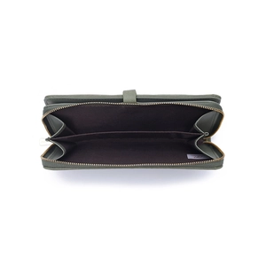 Olive green vintage leather long wallet with multi-card slots and golden zipper