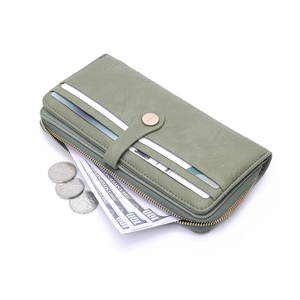 Minimalist long leather wallet for women with zipper pocket and metal snap closure