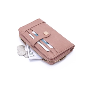 Detail view of pink PU leather wallet showing zipper closure and card slots