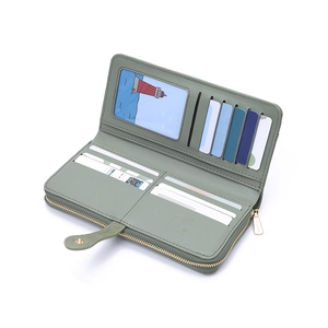 Green PU leather long wallet for women with card slots and multiple compartments