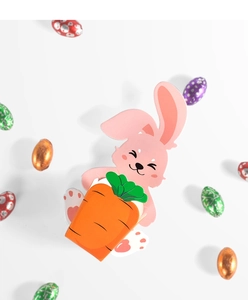 Nahaufnahme der süßen rosa 3D-Hasenkarte mit Karotte für Ostergeschenkverpackungen
