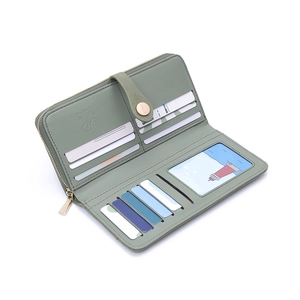 Sage green long vintage wallet for women with multi-card slots and secure zip closure