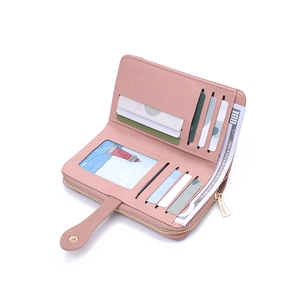 Pink PU leather multi-slot bifold wallet with snap closure and gold zipper pocket