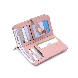 Pink PU leather wallet interior with seven card slots, photo window and bill compartment