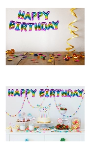 Gros plan des ballons lettres Happy Birthday irisés colorés sur une table de fête