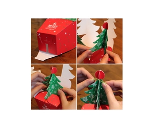 Detailed step-by-step assembly of a red Christmas gift box with 3D tree topper
