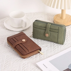 Detail of vintage PU leather wallets with multiple card slots and metal zip closure