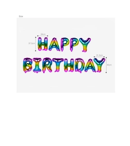 Ballons HAPPY BIRTHDAY en aluminium arc-en-ciel avec dimensions 34x37,5cm détaillées