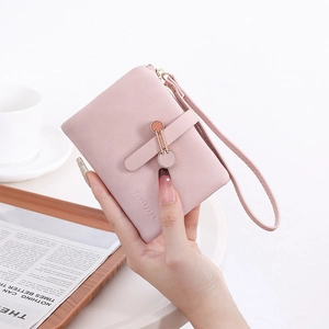 Portefeuille Pliant Court en Cuir PU pour Femmes Avec Dragonne Boucle en Anneau Fermeture Éclair Porte-monnaie Multi Emplacements Cartes